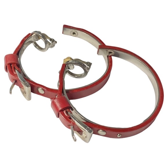 AUTH VTG Christian Dior Red Leather Logo Silver Belt Buckle Large Hoop Earrings - Picture 14 of 14
